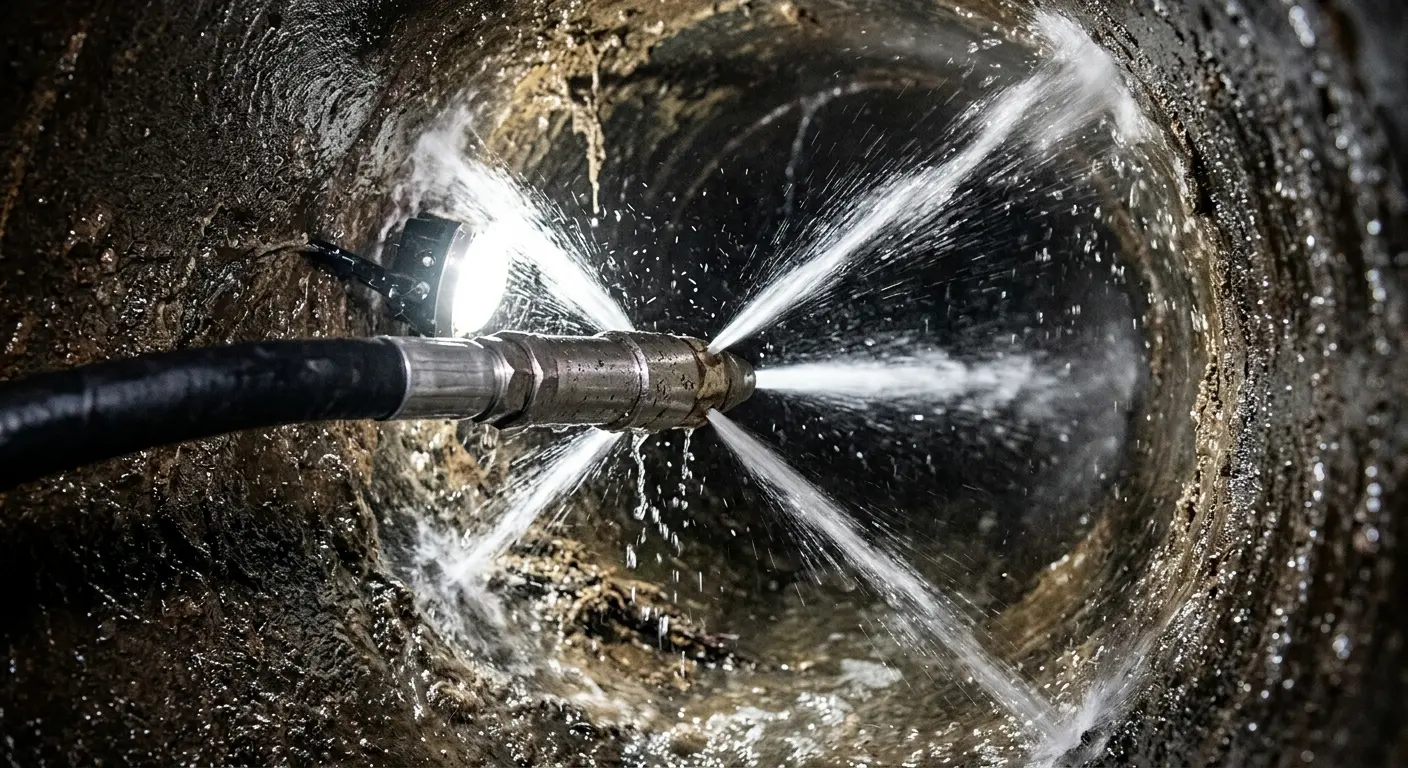 High-pressure hydro jetting nozzle cleaning sewer pipe for Sewer Cleanout in Hartland