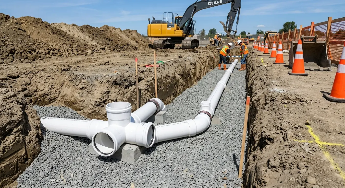 New PVC sewer pipe installation in open trench for Sewer Backup in Hartland