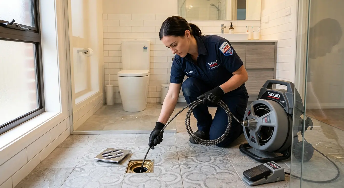 Technician clearing a bathroom floor drain for Drain Cleaning in Hartland